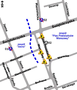 Historyczny schemat rozmieszczenia przystanków w zespołach „” i „Plac Powstańców Warszawy”