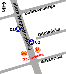 Schemat rozmieszczenia przystanków w zespole Metro Racławicka