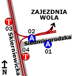 Schemat rozmieszczenia przystanków w zespole Rogalińska