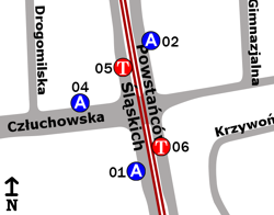 Schemat rozmieszczenia przystanków w zespole Hala Wola