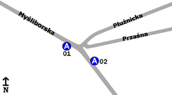 Schemat rozmieszczenia przystanków w zespole "Płużnicka"