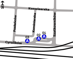 Schemat rozmieszczenia przystanków w zespole Rembertów-Kolonia