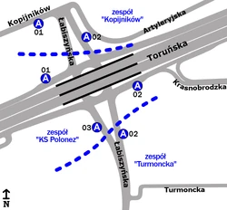 Schemat rozmieszczenia przystanków w zespołach „KS Polonez”, „Kopijników” i „Turmoncka”