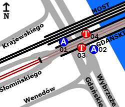 Schemat rozmieszczenia przystanków w zespole Most Gdański