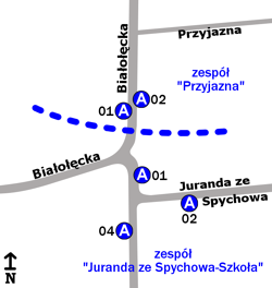 Schemat rozmieszczenia przystanków w zespołach "Juranda ze Spychowa-Szkoła" i "Przyjazna"