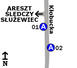 Schemat rozmieszczenia przystanków w zespole Areszt Śledczy Służewiec