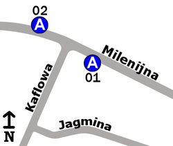 Schemat rozmieszczenia przystanków w zespole "Kaflowa"