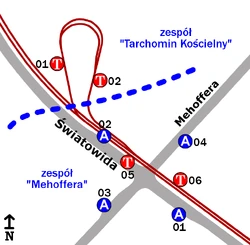 Schemat docelowego rozmieszczenia przystanków tramwajowych w zespołach "Tarchomin Kościelny" i "Mehoffera"