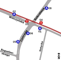 Schemat rozmieszczenia przystanków w zespole „Bogusławskiego”