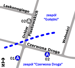 Schemat rozmieszczenia przystanków w okolicach dawnego zespołu Gołąbki