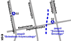 Schemat rozmieszczenia przystanków w zespołach "Bolesława Krzywoustego" i "Bolesława Śmiałego"