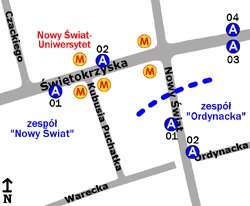 Rozmieszczenie przystanków w zespołach Ordynacka i Nowy Świat