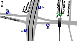 Schemat rozmieszczenia przystanków w zespole przed utworzeniem węzła przez zespół z Metrem Młynów