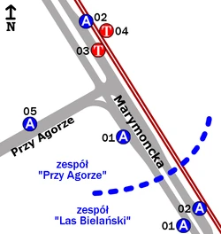 Schemat rozmieszczenia przystanków w zespole Przy Agorze i Las Bielański