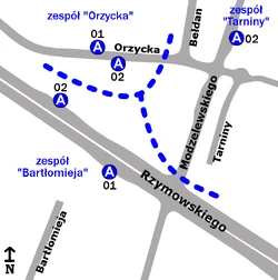 Schemat rozmieszczenia przystanków w zespołach "Bartłomieja", "Orzycka" oraz "Tarniny"