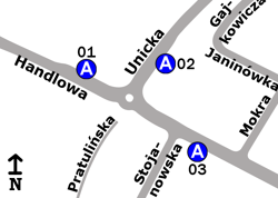 Schemat rozmieszczenia przystanków w zespole „Handlowa”