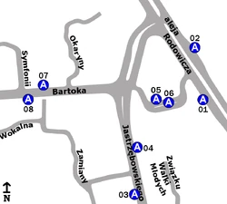 Schemat rozmieszczenia przystanków w zespole „Ursynów Północny”