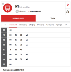 Rozkład linii H1-godziny odjazdów z przystanku  ()