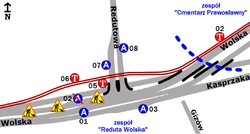 Schemat rozmieszczenia przystanków w zespołach Reduta Wolska i Cmentarz Prawosławny