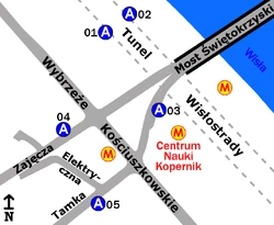 Schemat rozmieszczenia przystanków w zespole Metro Centrum Nauki Kopernik