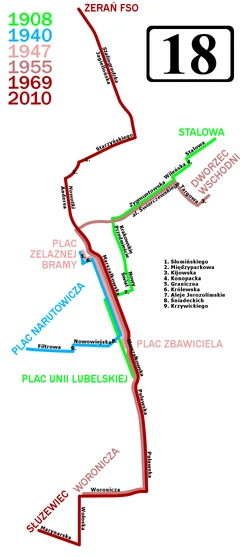Schemat historycznych tras linii 18 (powiększ)