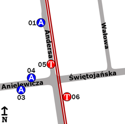 Schemat rozmieszczenia przystanków w zespole Muranów