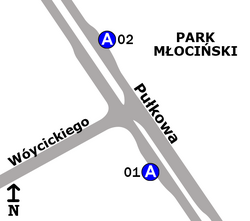 Schemat rozmieszczenia przystanków w zespole „Park Młociński”