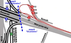 Schemat rozmieszczenia przystanków w zespołach PKP Służewiec, Służewiec oraz Taśmowa