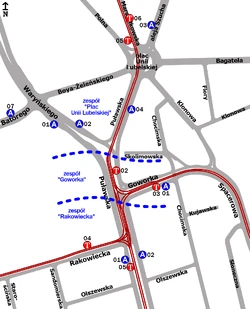 Schemat rozmieszczenia przystanków w zespołach „Plac Unii Lubelskiej”, „Goworka” i „Rakowiecka”