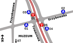 Schemat rozmieszczenia przystanków w zespole Muzeum Powstania Warszawskiego