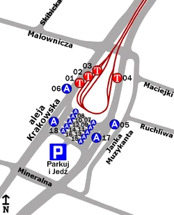 Schemat rozmieszczenia przystanków w zespole P+R Aleja Krakowska (Okęcie)