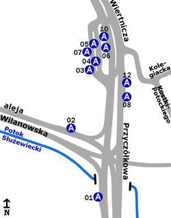 Schemat rozmieszczenia przystanków w zespole Wilanów