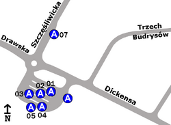 Schemat rozmieszczenia przystanków w zespole "Szczęśliwice"