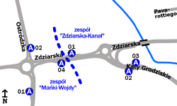 Schemat rozmieszczenia przystanków w zespołach „Mańki-Wojdy” i „Zdziarska-Kanał”