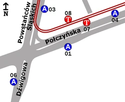 Schemat rozmieszczenia przystanków w zespole Ciepłownia Wola
