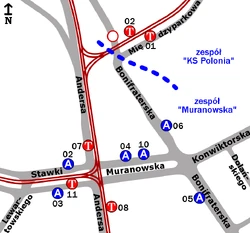 Schemat rozmieszczenia przystanków w zespołach "Muranowska" i "KS Polonia"