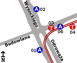 Schemat rozmieszczenia przystanków w zespole Budowlana