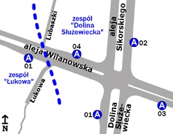 Schemat rozmieszczenia przystanków w zespołach "Dolina Służewiecka" i "Łukowa"