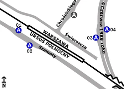 Schemat rozmieszczenia przystanków w zespołach PKP Ursus Północny oraz Księdza Chrościckiego
