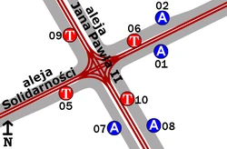 Schemat rozmieszczenia przystanków w zespole Kino Femina