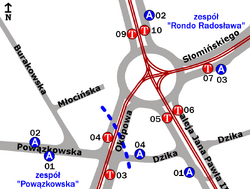 Schemat rozmieszczenia przystanków w zespole Rondo Radosława