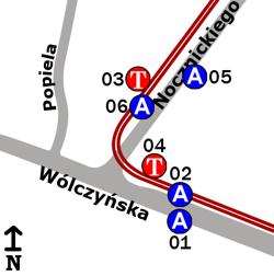 Schemat rozmieszczenia przystanków w zespole „Popiela”