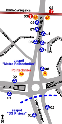 Schemat rozmieszczenia przystanków w zespole "Metro Politechnika" oraz "DS Riviera"