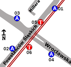 Schemat rozmieszczenia przystanków w zespole Wrocławska