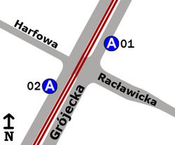 Schemat rozmieszczenia przystanków w zespole „Grójecka”