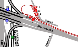 Schemat rozmieszczenia przystanków w zespole „PKP Służewiec”