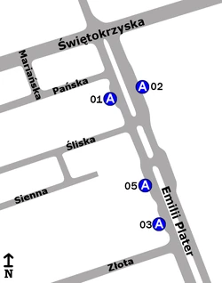 Schemat rozmieszczenia przystanków w zespole "Emilii Plater"
