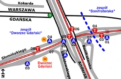 Schemat rozmieszczenia przystanków w zespołach „Bonifraterska” i „Dworzec Gdański”, obowiązujący do 15 marca 2009