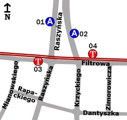 Schemat rozmieszczenia przystanków w zespole "Raszyńska"