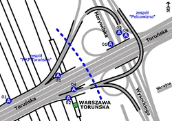 Schemat rozmieszczenia przystanków w zespołach PKP Toruńska i Pelcowizna